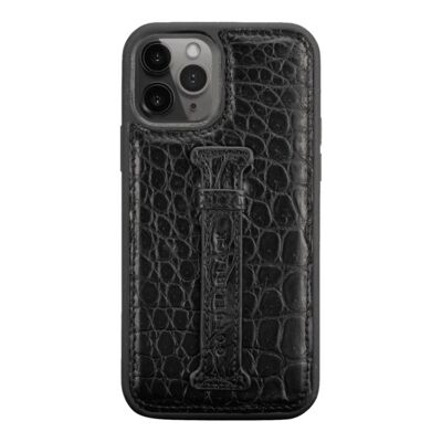 iPhone 12/12 Pro leather sleeve with finger loop Crocodile Black