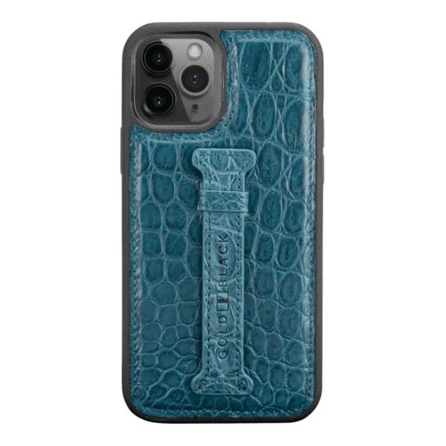 iPhone 12 / 12 Pro Lederhülle mit Fingerschlaufe Crocodile Petrol Blau