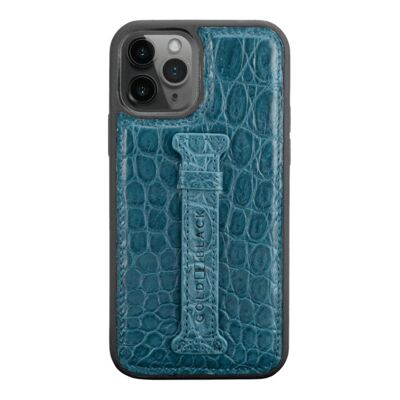 iPhone 12/12 Pro leather sleeve with finger loop Crocodile Petrol Blue
