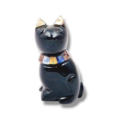 Obsidian cat inlaid with mother-of-pearl