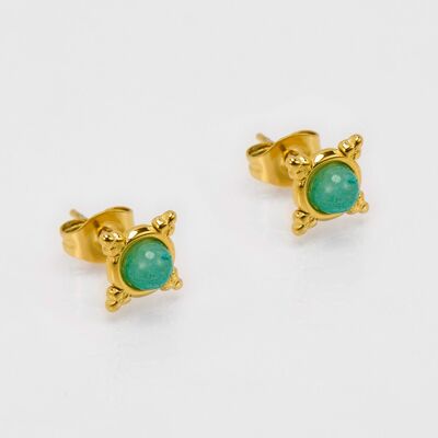 Golden diamond-shaped chips with natural amazonite stone in the center. Sold in packs of 5 identical pairs.Elegant, slim and easy to wear