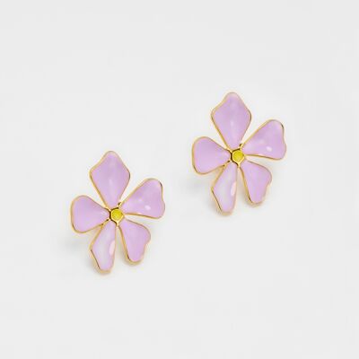 boucles d'oreilles puces acier inoxydable emaillé violet, fleur.