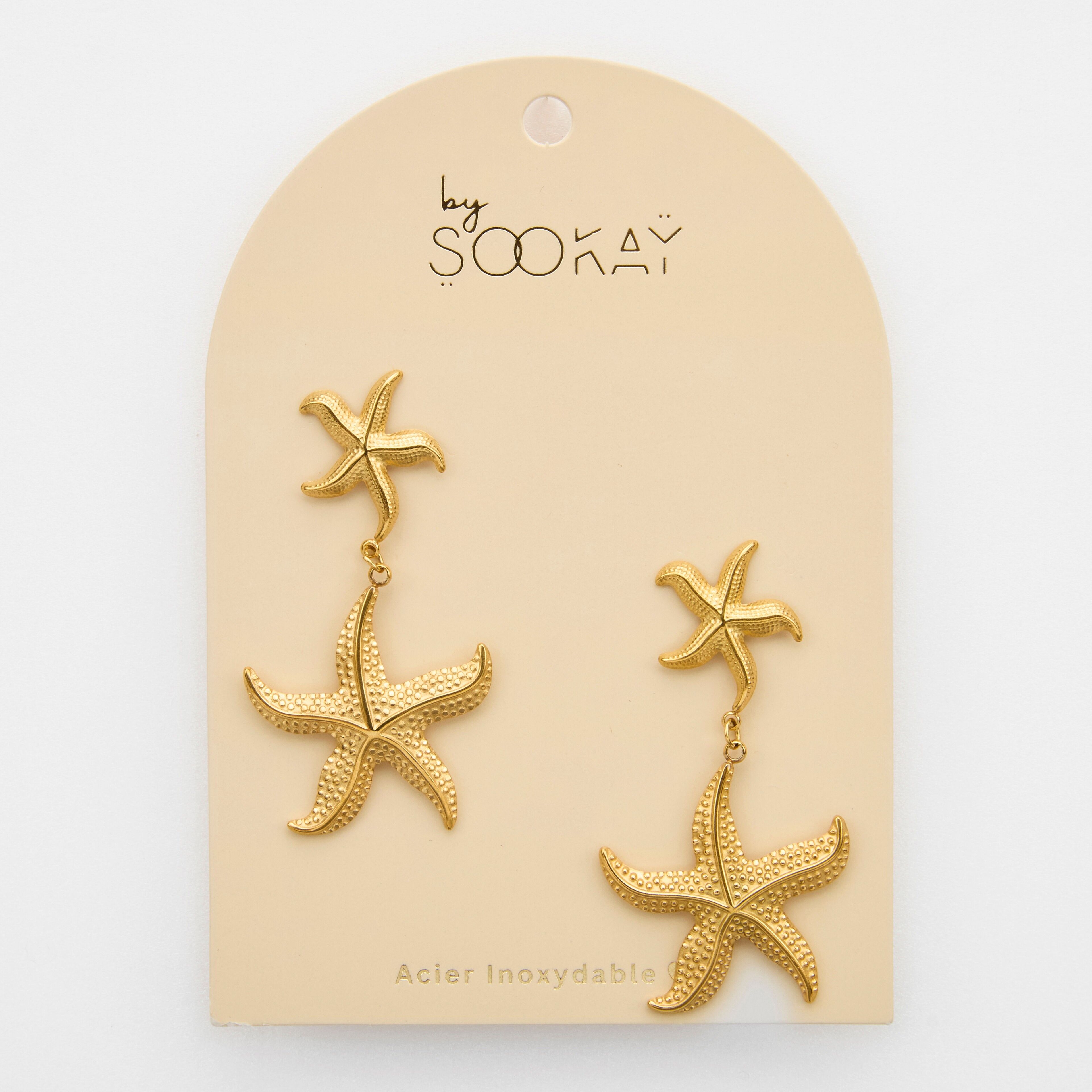 orecchini a bottone in acciaio inossidabile con tema conchiglia, doppia stella marina dorata.