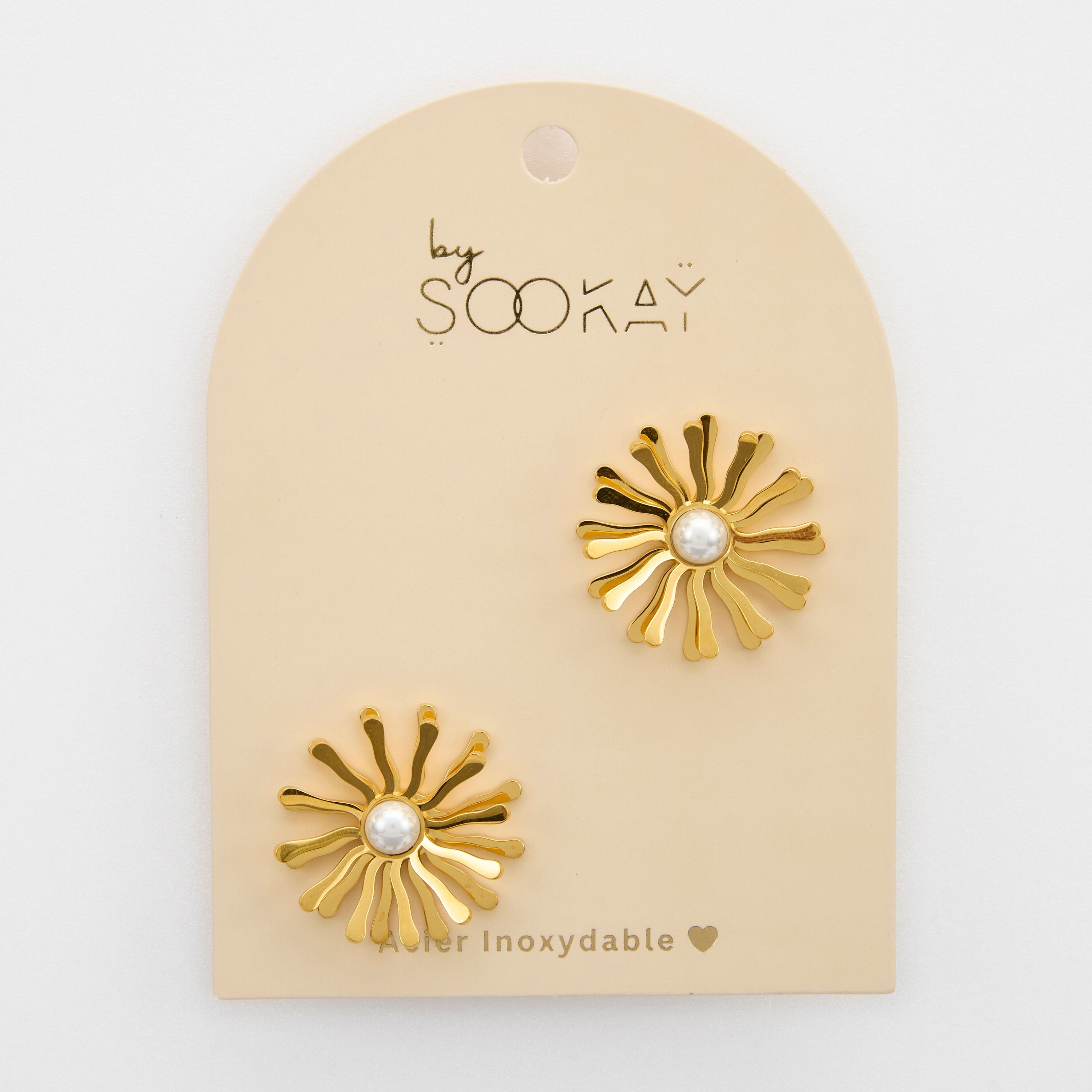 orecchini a bottone in acciaio inossidabile con tema floreale, Iris bianco perla oro.