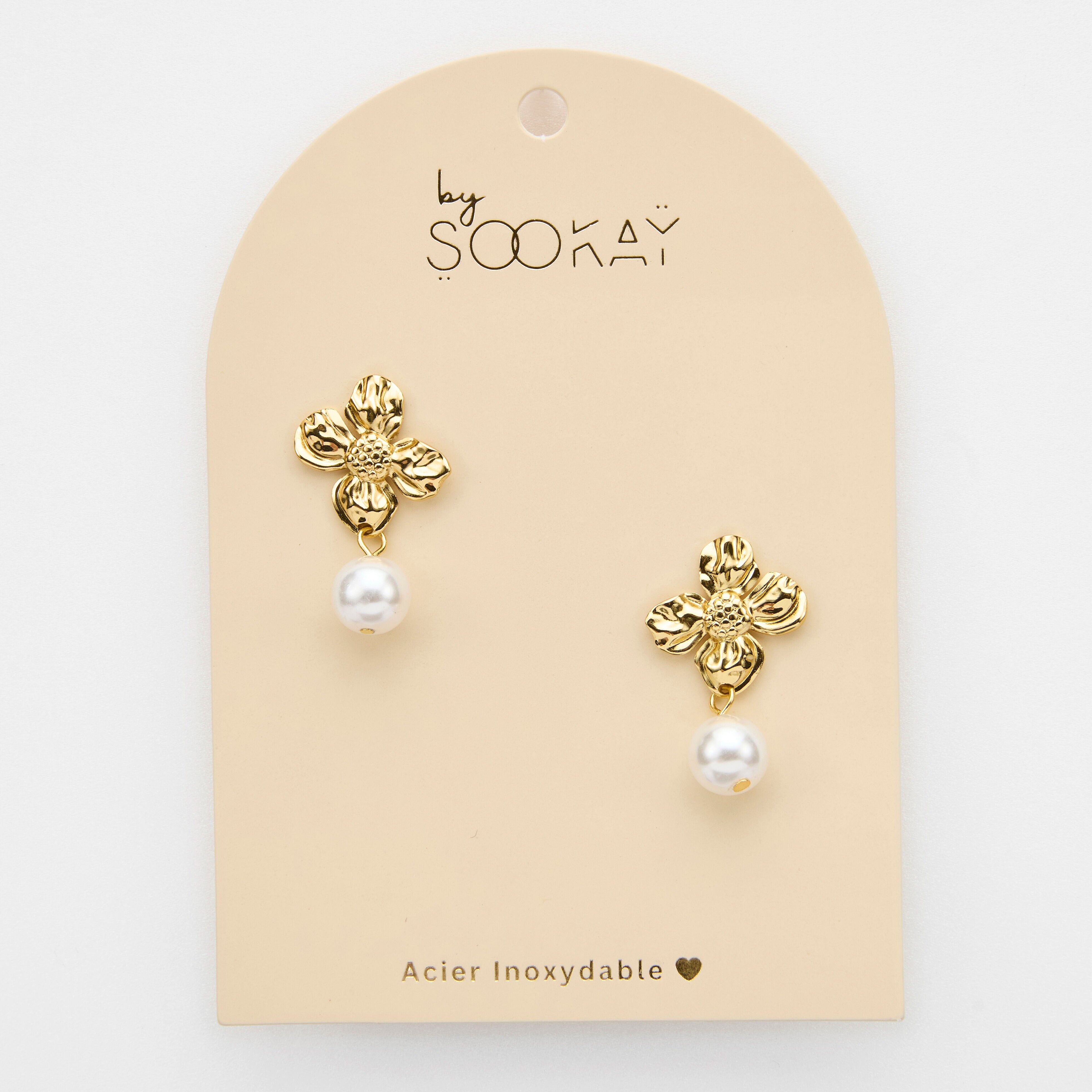 boucles d&#039;oreilles  acier inoxydable thème fleur, Glory perle douce, dorée.