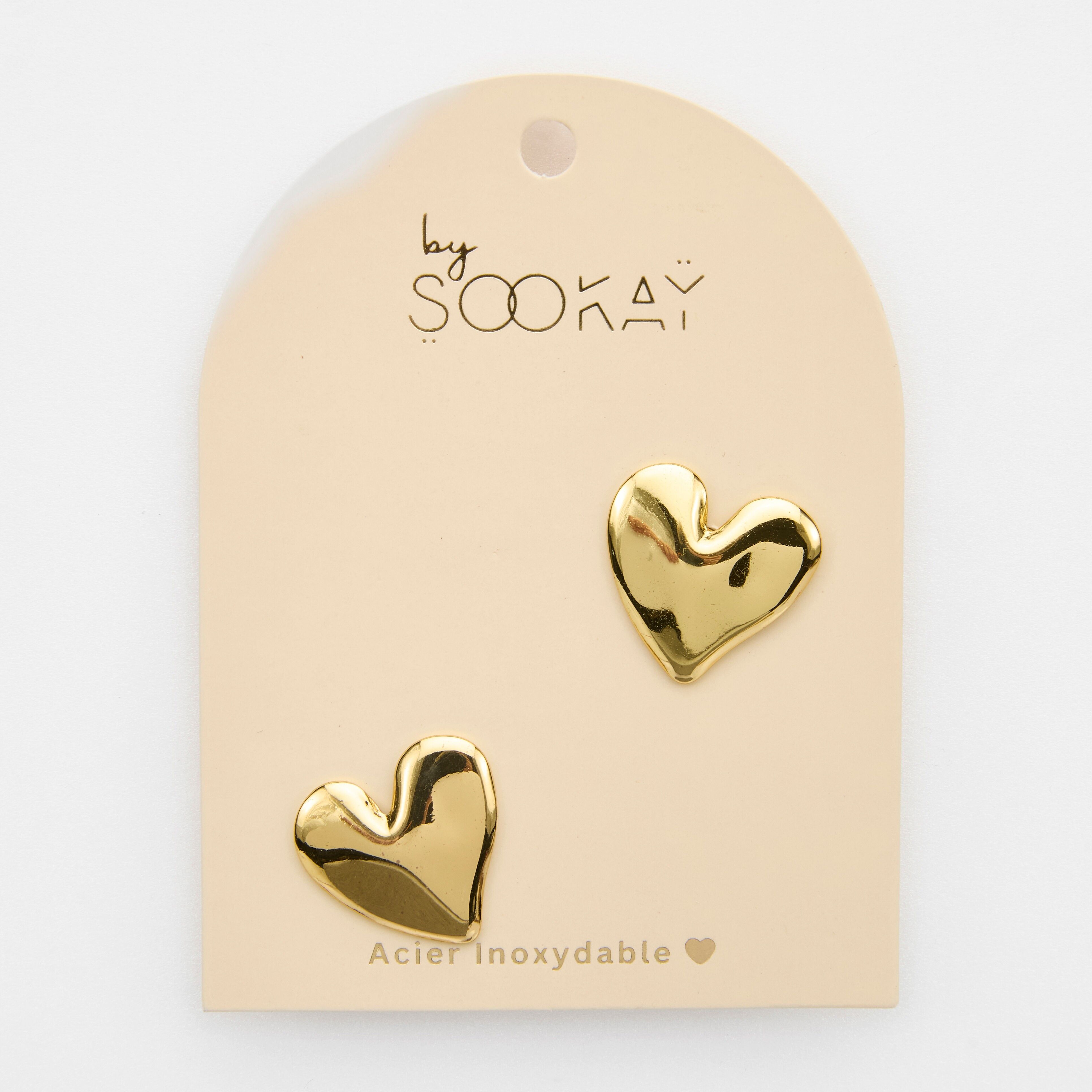 orecchini in acciaio inossidabile tema cuore, cuore martellato, oro.