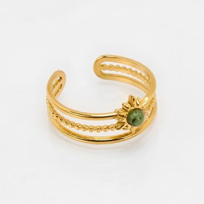 Anillo de acero inoxidable con piedra verde y sol