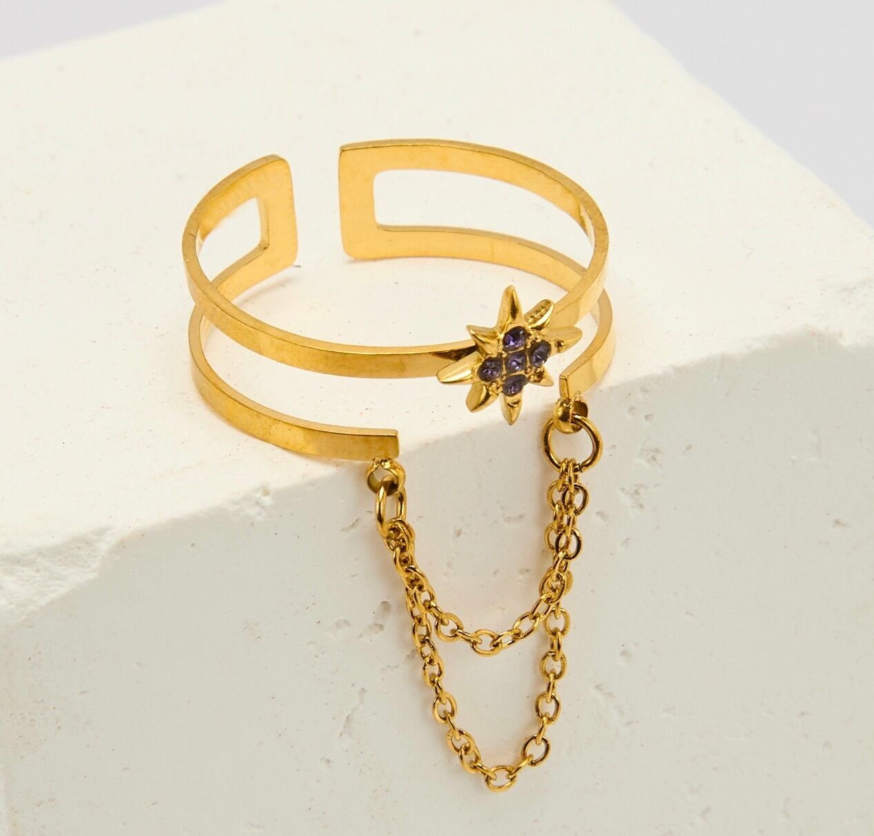 Anello in acciaio inossidabile dorato, viola, stella, filo di acciaio, regolabile