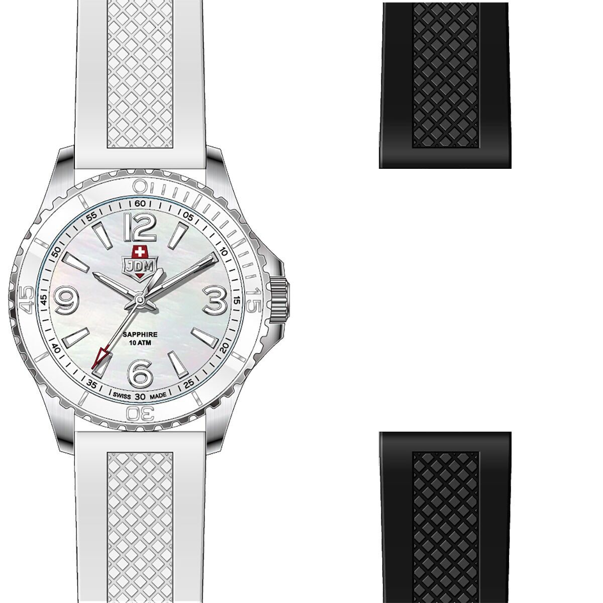 JDM Military Women – JADE – JDM-WL031-01 – Orologio da donna – Movimento svizzero Ronda a 3 lancette – Cassa rotonda in acciaio inossidabile argentato – Granito bianco e lunetta graduata