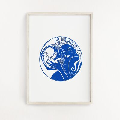 And You Will Be My World Handcut Linoprint in Blau-Mutter und Kind
