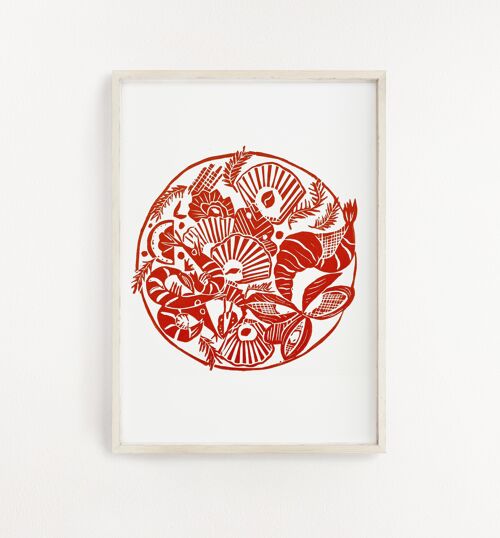 Seafood Platter Handcut Linoprint