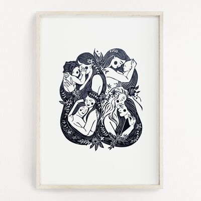 Mère et fille - Linoprint découpé à la main