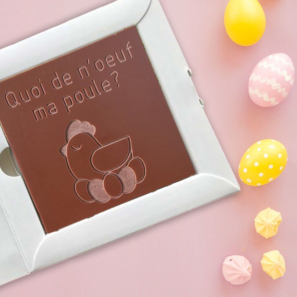 Les cartes à croquer | Chocolat gravé Quoi de neuf ma poule | Tablette de chocolat lait ou noir | Chocolat personnalisé sans colorant | Carte cadeau