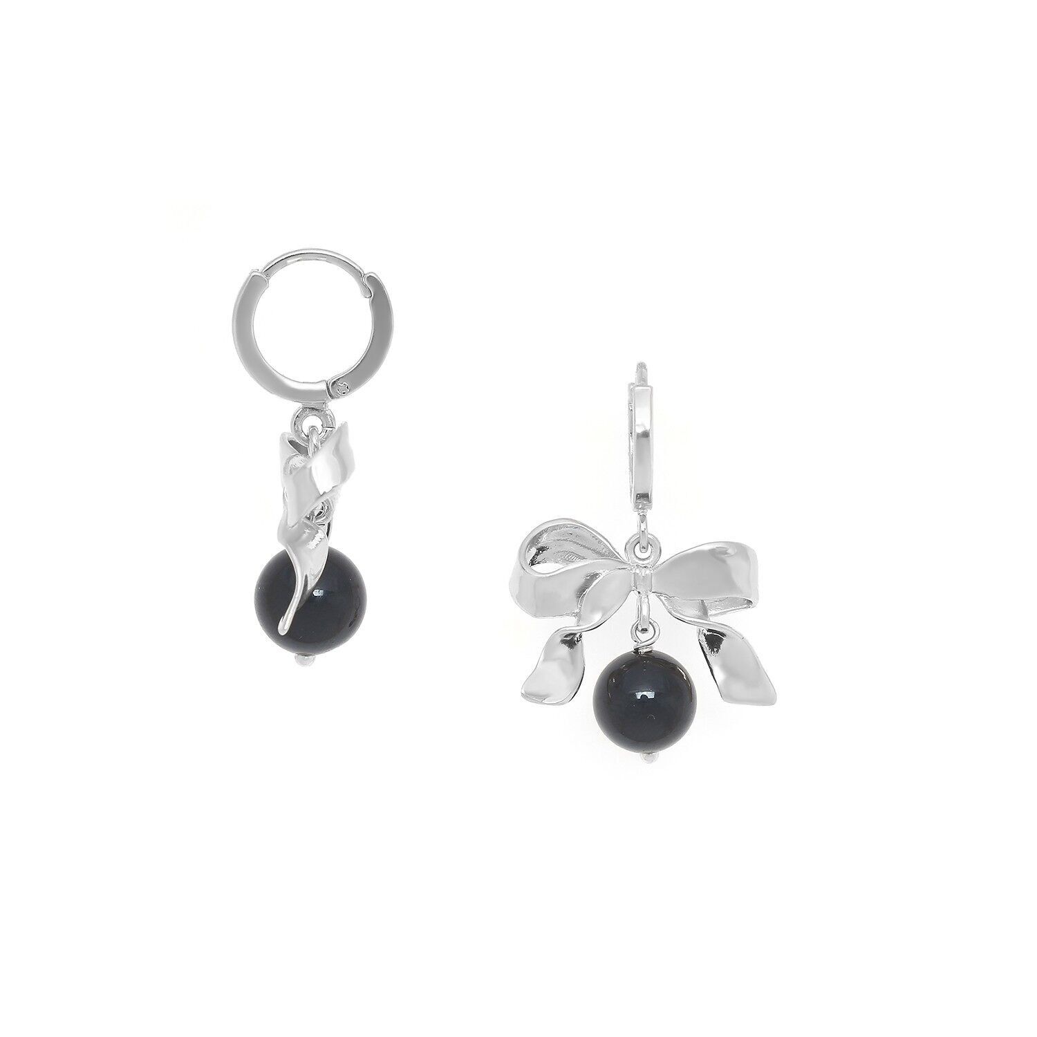 Perlentrend – Mini-Creolen Suzy mit silberner Schleife und schwarzer Perle