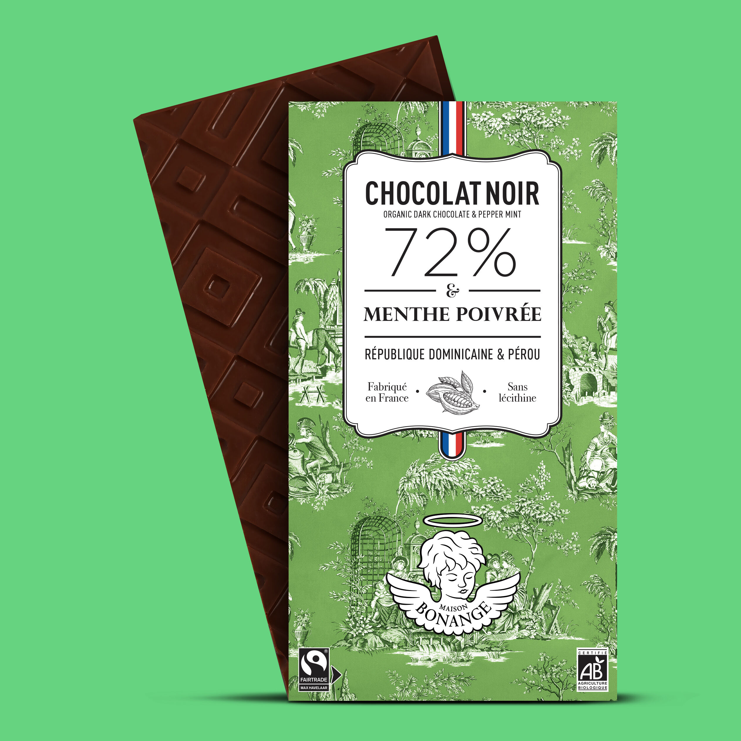72 % Bio-Fairtrade-Zartbitterschokoladentafel mit Pfefferminzgeschmack, 80 g