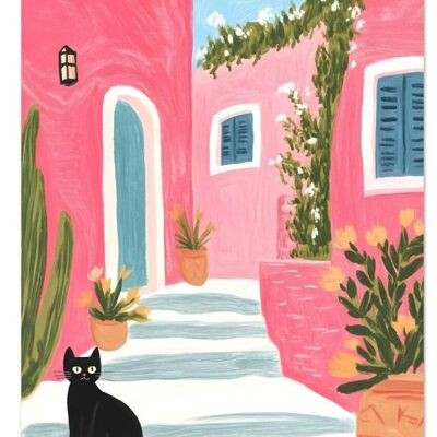 Illustration décoration murale "Chat sur vue" – Affiche Artistique au Style Poétique et Moderne, poster, chat en voyage en Grêce