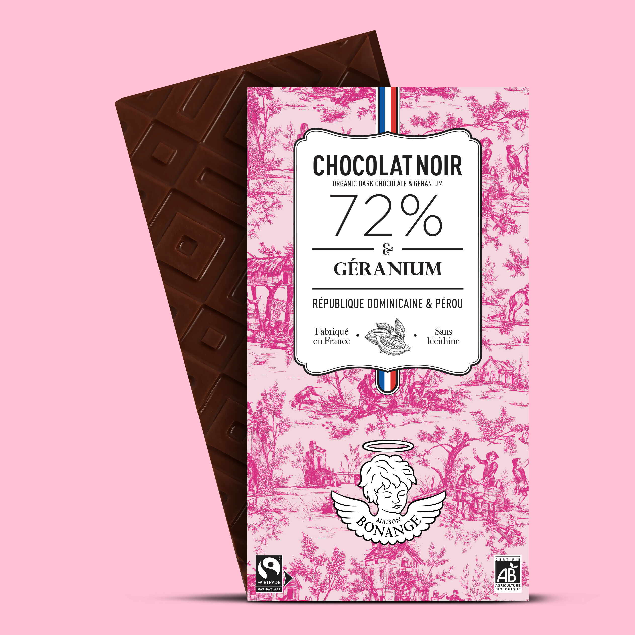 72 % Bio-Fairtrade-Zartbitterschokolade mit Geranie, 80 g