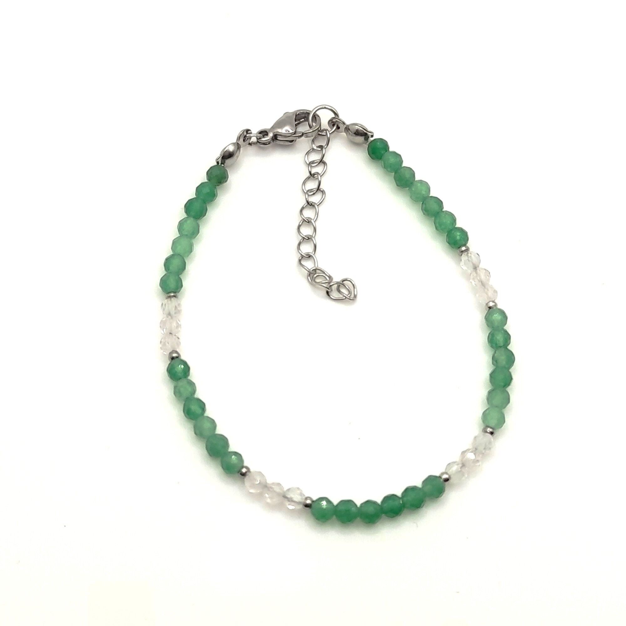 lucky bracelet natural stones GREEN AVENTURINE and ROCK CRYSTAL faceted beads 3mm
