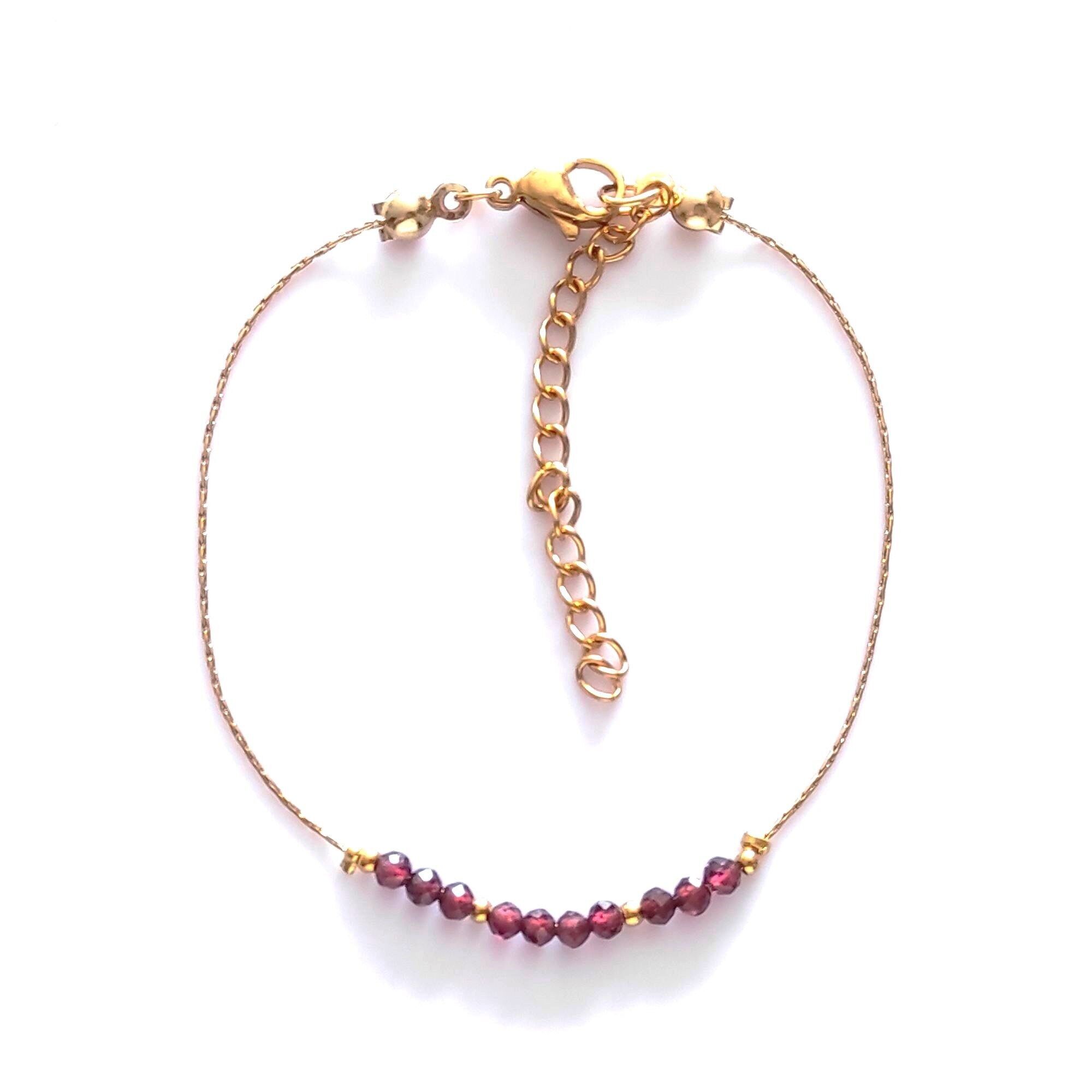 fine bracelet natural garnet stones faceted beads 3mm 18k gold steel chain