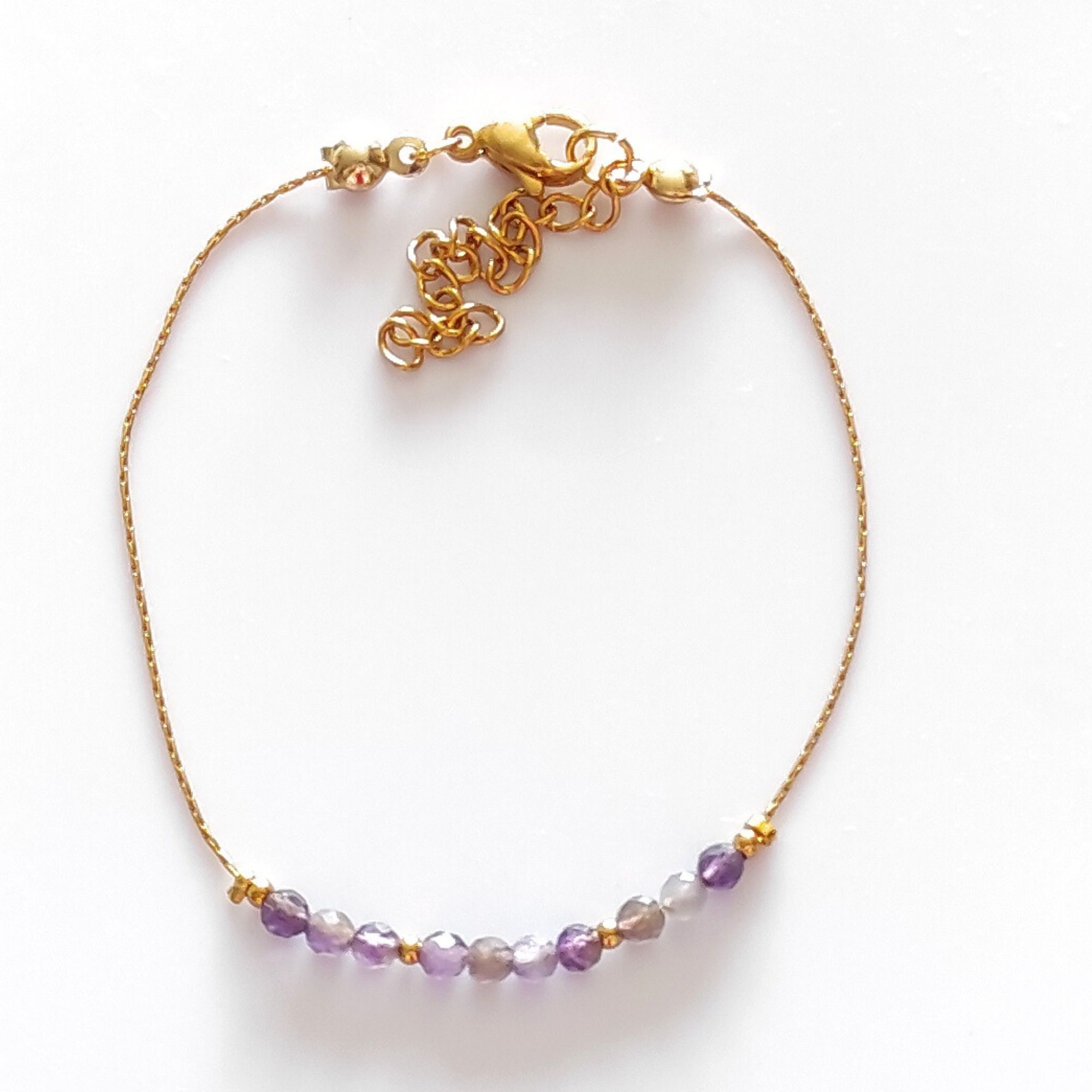 bracciale fine pietre naturali AMETISTA perle sfaccettate 3mm catena acciaio oro 18k