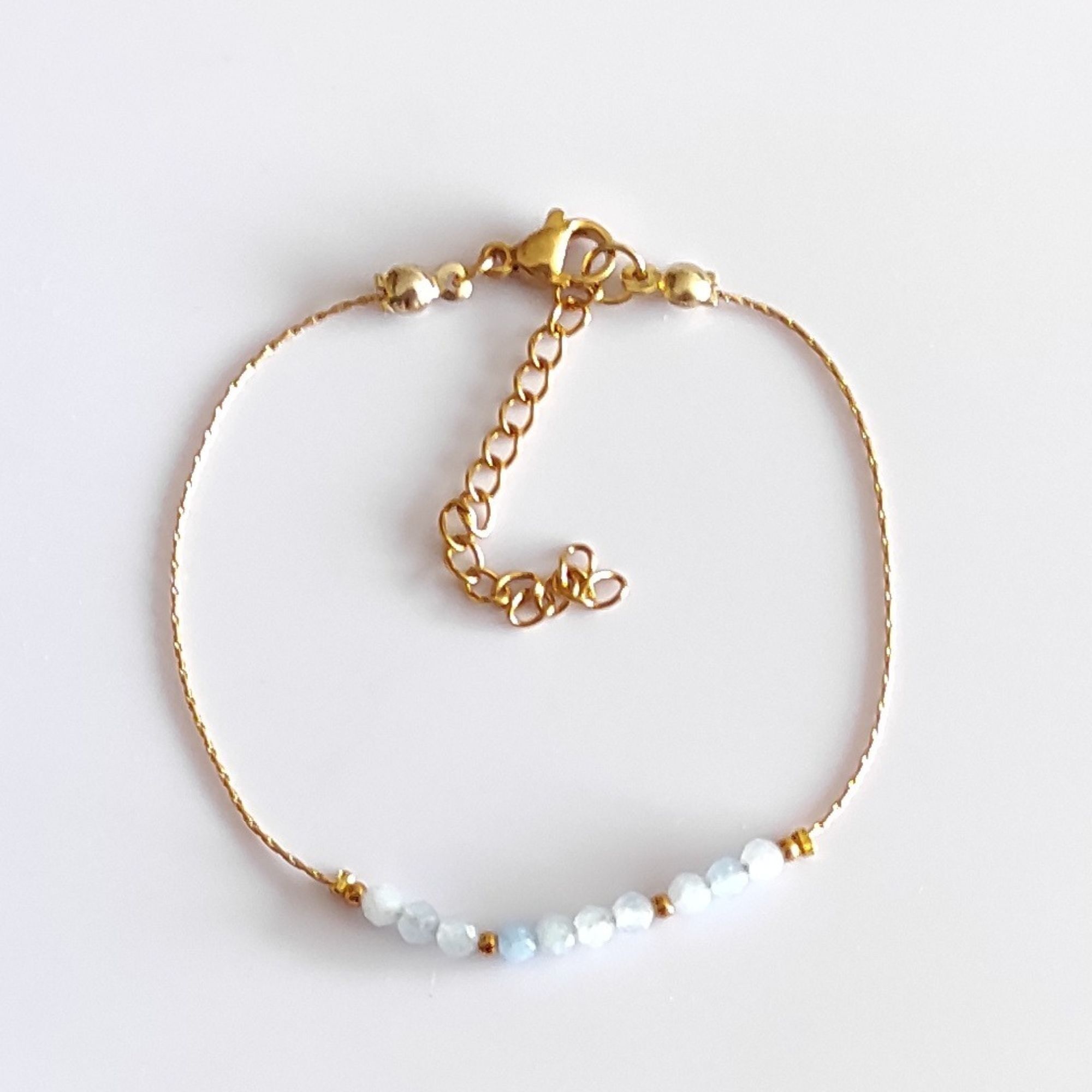 fine bracelet natural stones AQUAMARINE faceted beads 3mm 18k gold-plated steel chain