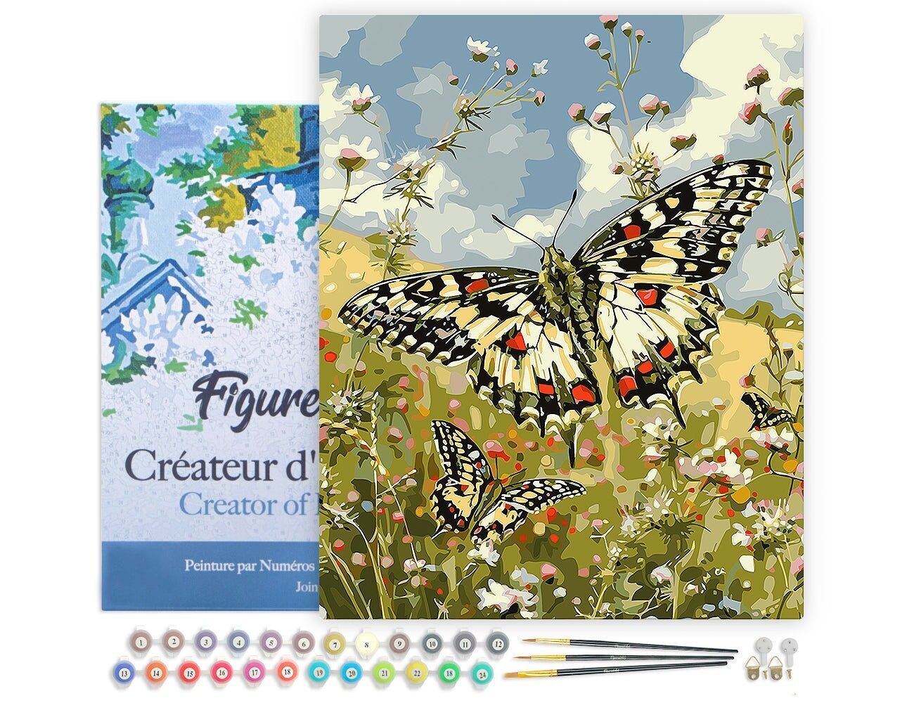 Kit fai da te per dipingere con i numeri - Farfalla Proserpina e fiori di campo - Tela tesa