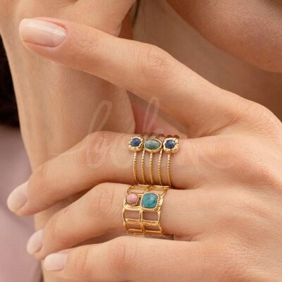 Bague large Laly - 5 rangs martelés et pierres naturelles