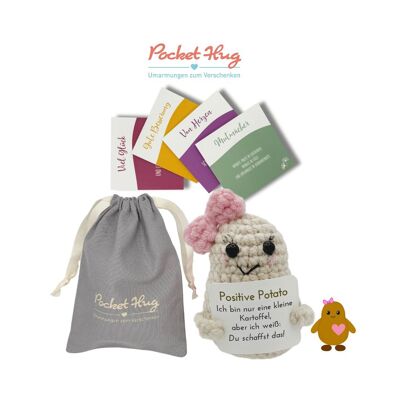 Positive Potato – Potato Girl "You can do it", regalo motivazionale in una borsa di lino, quattro biglietti, all'uncinetto, regalo, Pocked Hug