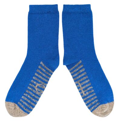 CALCETINES DE TOBILLO - lana de cordero - mujer - suela de rayas - azul brillante - CAJA TALLA 3