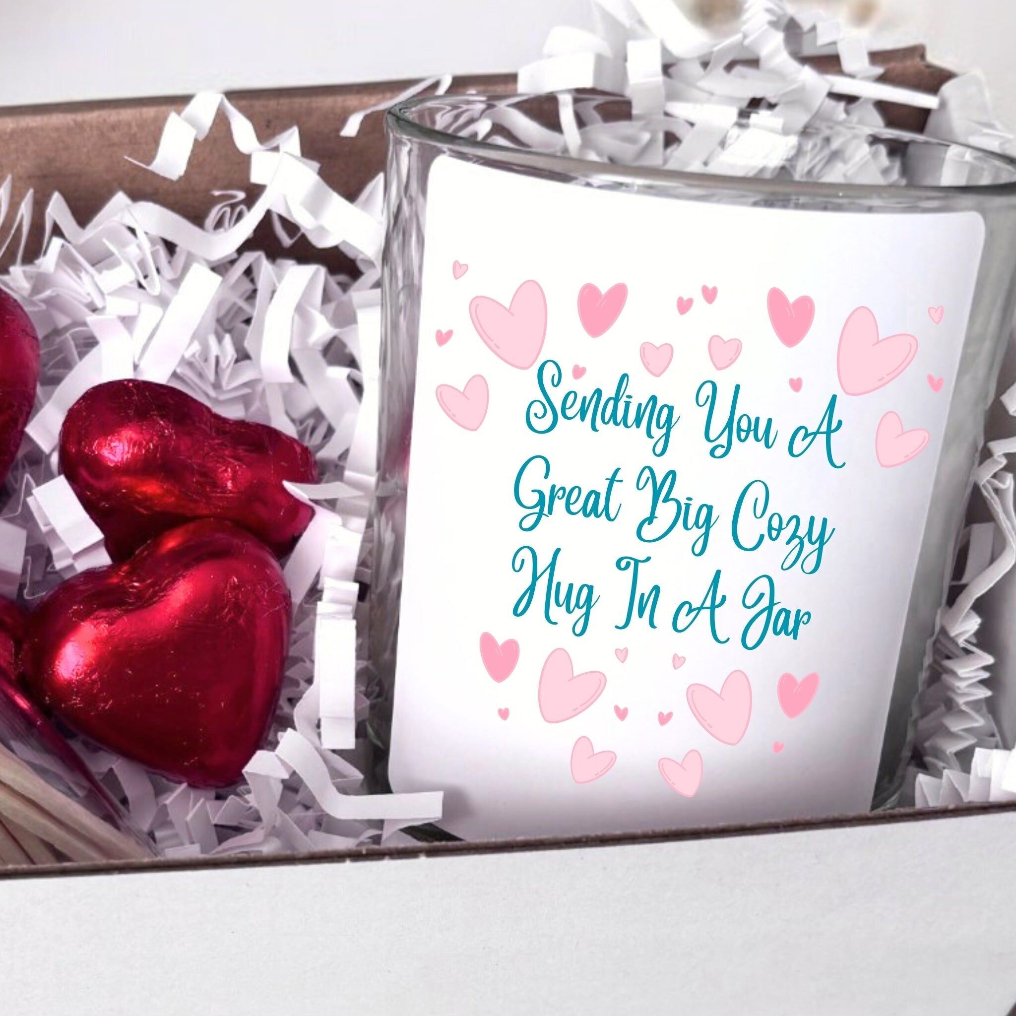 Ti mando un grande e accogliente abbraccio in un barattolo di candele regalo - Mini cesto regalo