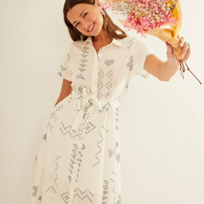 Vestido Botones Lazo Cintura Geo Forms