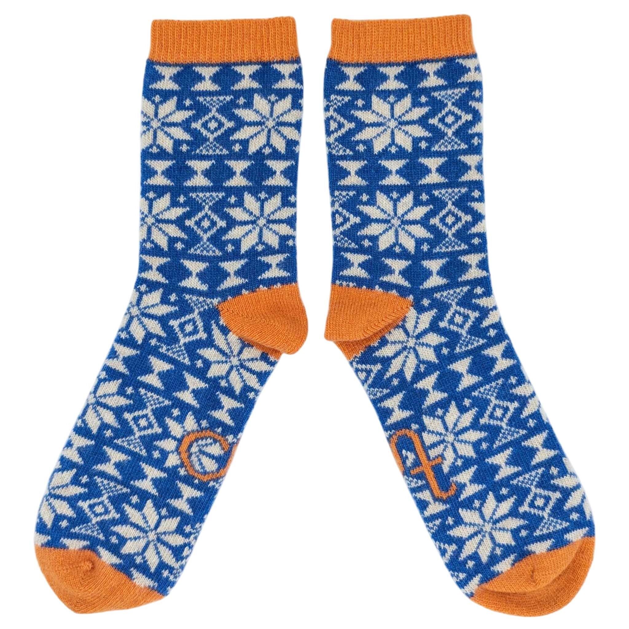 ANKLE SOCKS - lambswool - women's - fair isle - bright blue / peach - case size 3