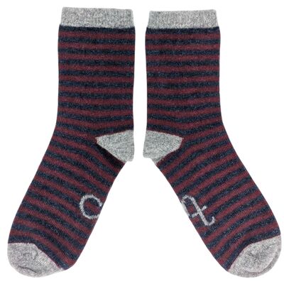 CALCETINES DE TOBILLO - lana de cordero - mujer - rayas - ciruela/azul marino - CAJA TALLA 3