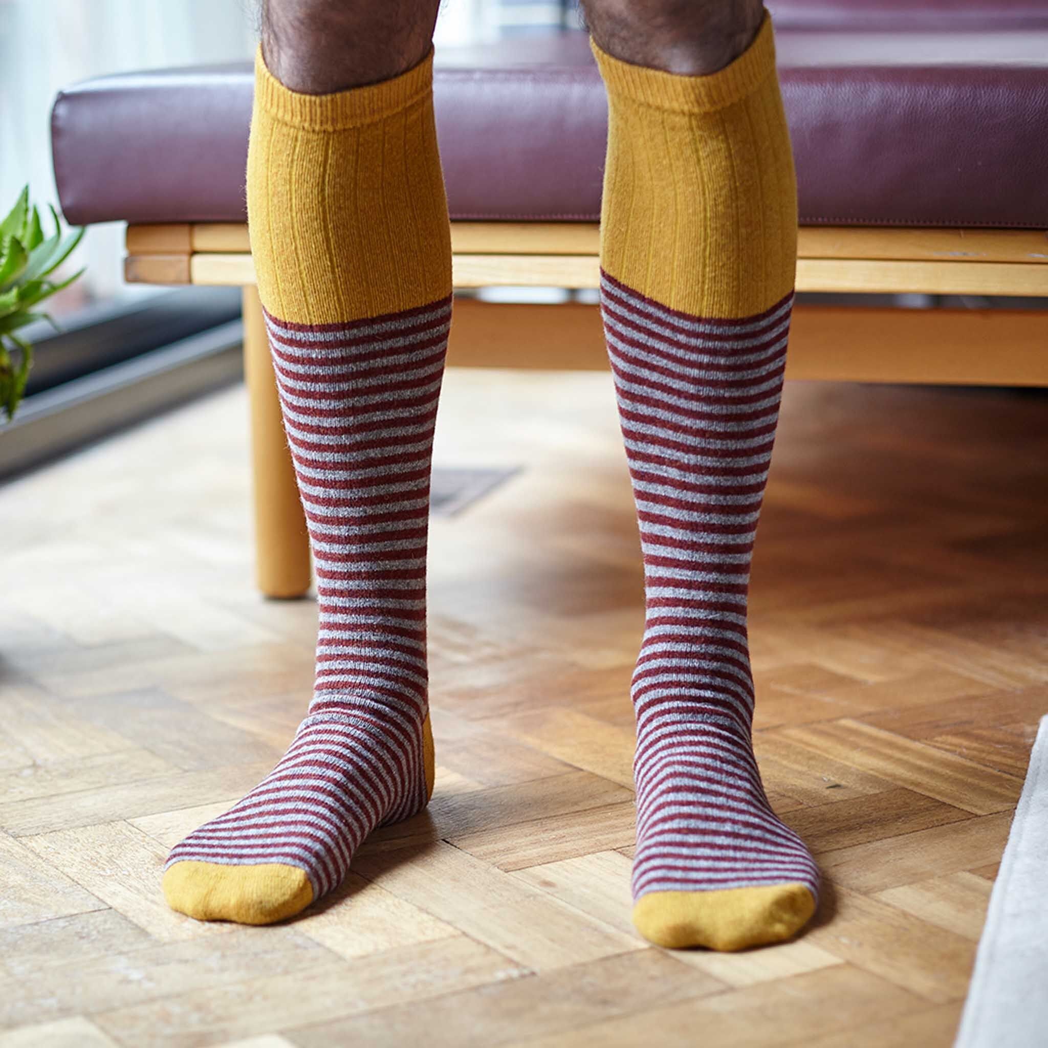 CALZINI AL GINOCCHIO - lana d'agnello - uomo - righe - ruggine/grigio medio - TAGLIA 3