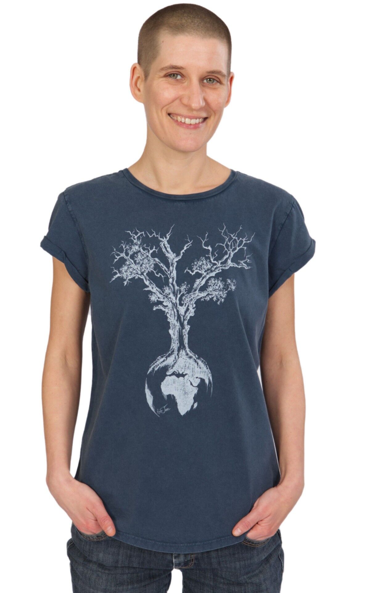 Camicia bio da donna Fairwear Weltenbaum blu slavato