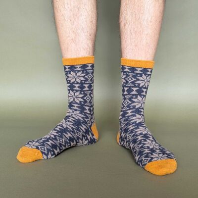 CALCETINES DE TOBILLO - lana de cordero - para hombre - Fair Isle - azul marino/mostaza - CAJA TALLA 3