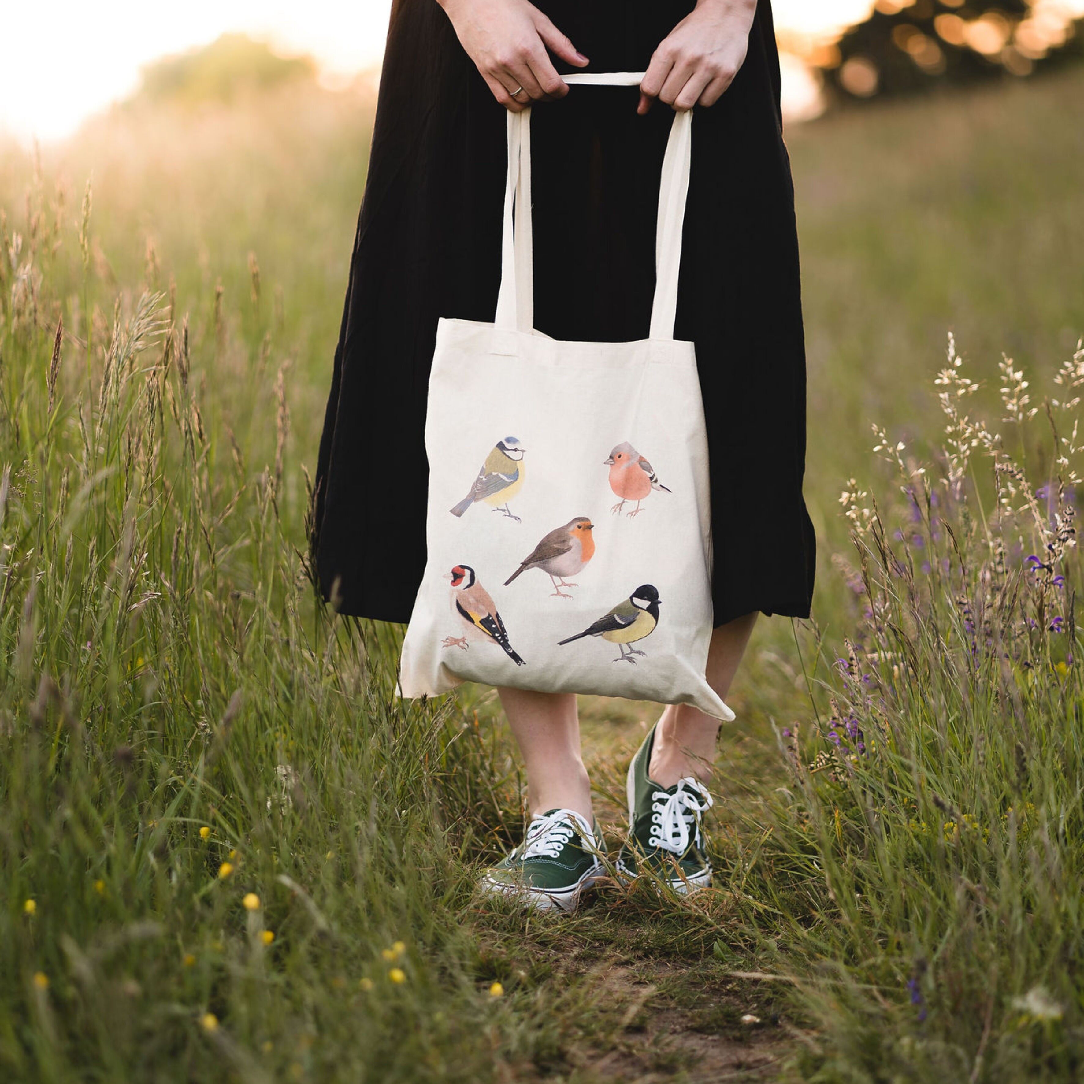 Borsa di cotone uccelli, borsa di juta stampata, borsa della spesa