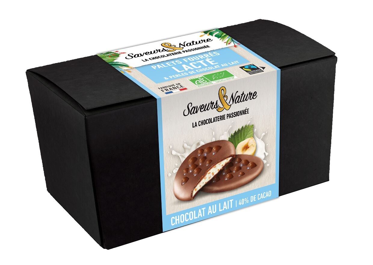Ballotin of milk chocolate discs with milky heart and milk chocolate pearls (125g)