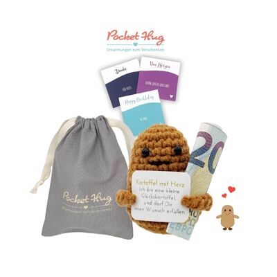 Positive Potato – "Patata con cuore", il regalo speciale in denaro in una borsa di lino, con tre carte, regalo con significato, fatto a mano, Pocked Hug