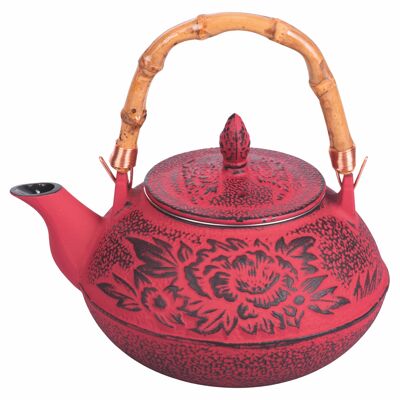 Théière en fonte 800 ml avec anse en bambou, filtre en acier inoxydable, rouge