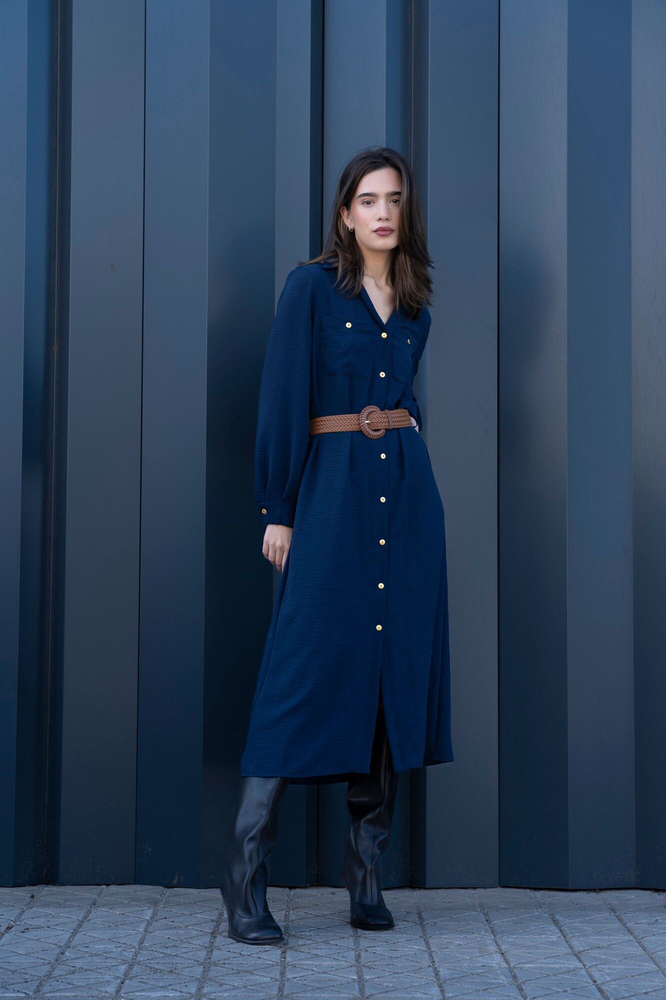 ABITO CAMICIA DONNA CON CINTURA, BLU NAVY, TAGLIE DALLA S ALLA XL