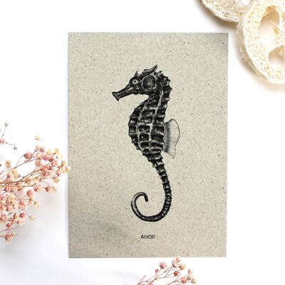 Greeting card made of grass paper, seahorse
