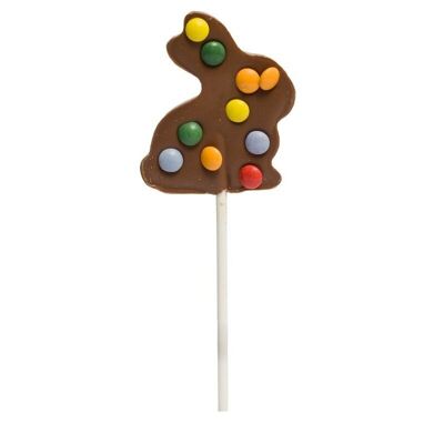 Conejito de chocolate con leche y piruleta de frijoles dulces