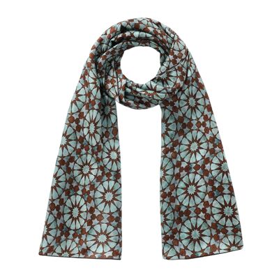 Sciarpa in seta blu e marrone Geometria Sacra - (180x65 cm)