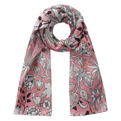 Pink Silk Scarf with Floral Print, William Morris Inspiration - (180x65 cm)