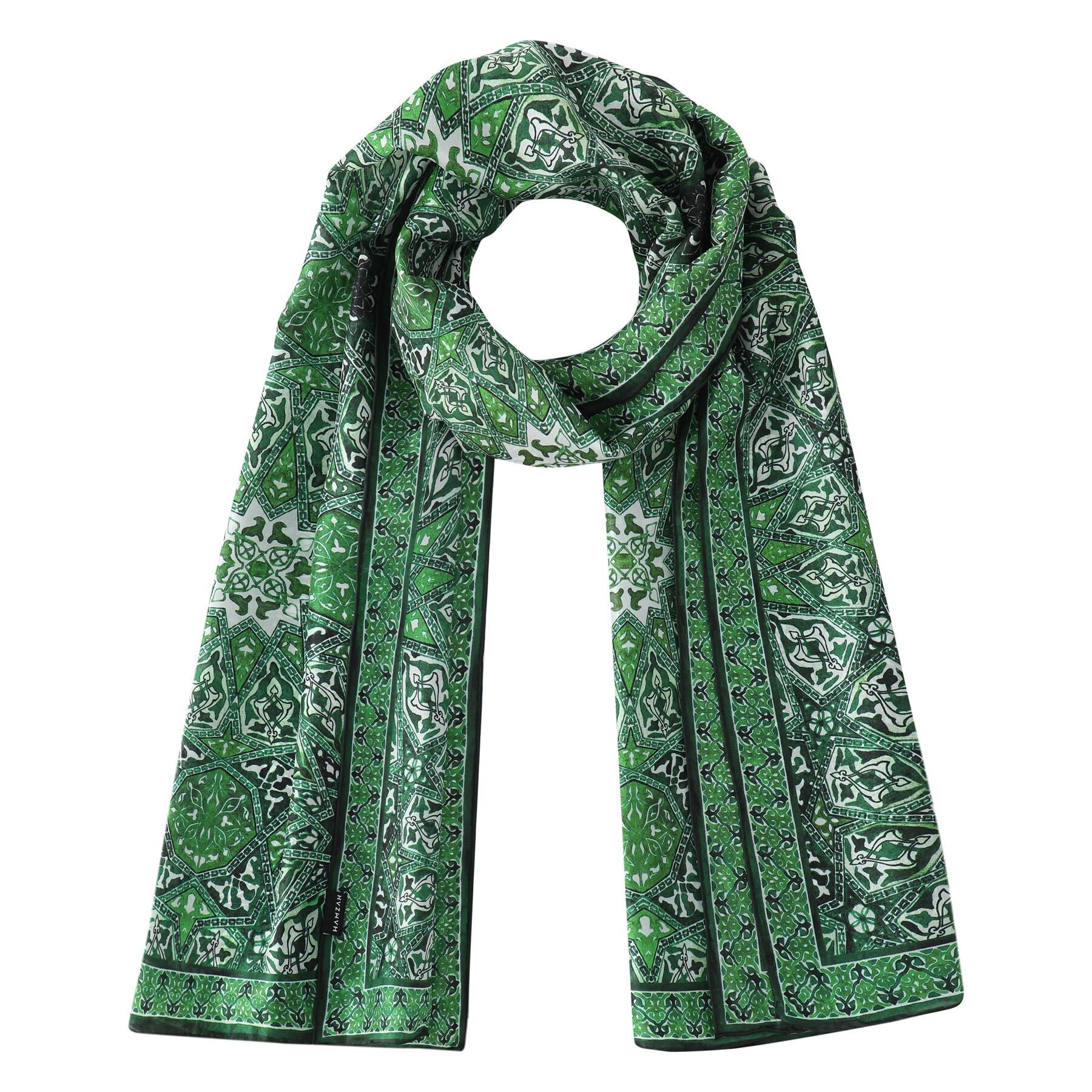 Pañuelo de Seda Verde Inspiración Arte Turco - (180x65 cm)