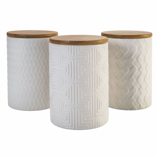 Set 3 barattoli 750 ml in ceramica, coperchio in bambù, bianco, Shapes Geometrie