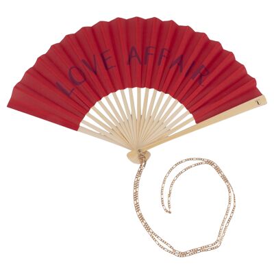 Love Affair red fan, bamboo handle with chain, unique colors
