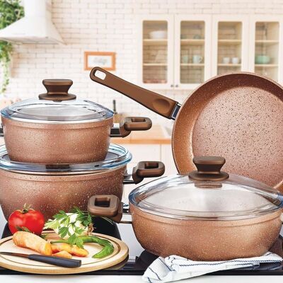 Juego de utensilios de cocina de granito antiadherente de 7 piezas de la colección Defne (marrón)