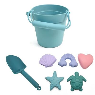 Jouets de sable et plage en silicone (1 seau, 1 pelle et 5 accessoires de plage + sac de transport) - Bleu canard